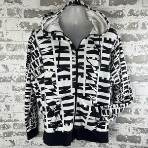 Nike Vtg Swoosh Hoodie Sz L Black White All Over Print‎ Full Zip Y2K Blue Tag